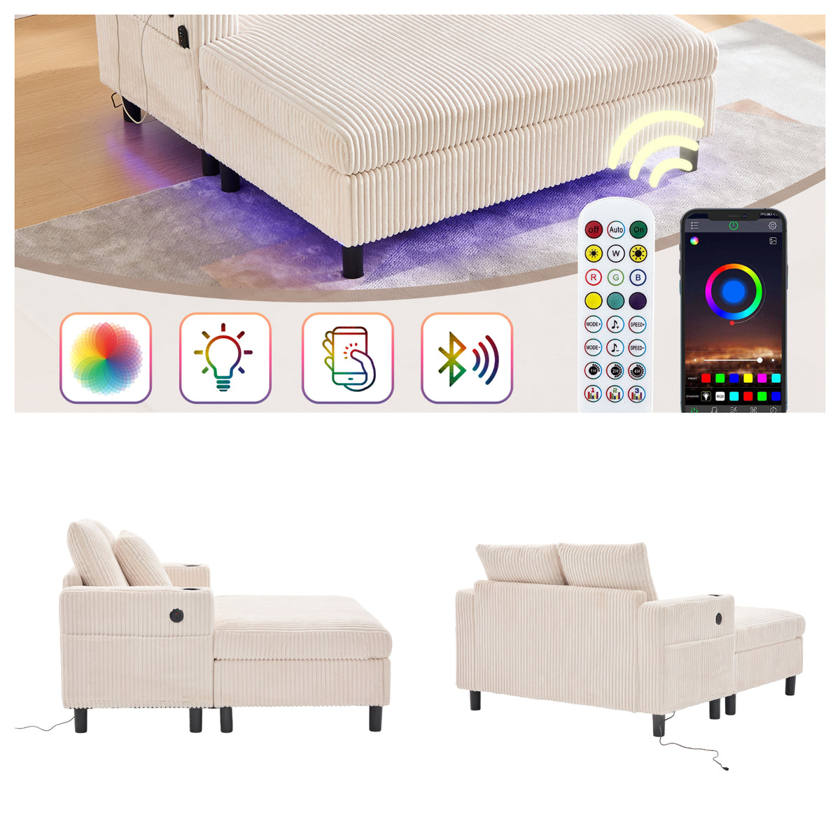 Canapé lounge en velours côtelé souple avec ports USB et éclairage d'ambiance LED, beige