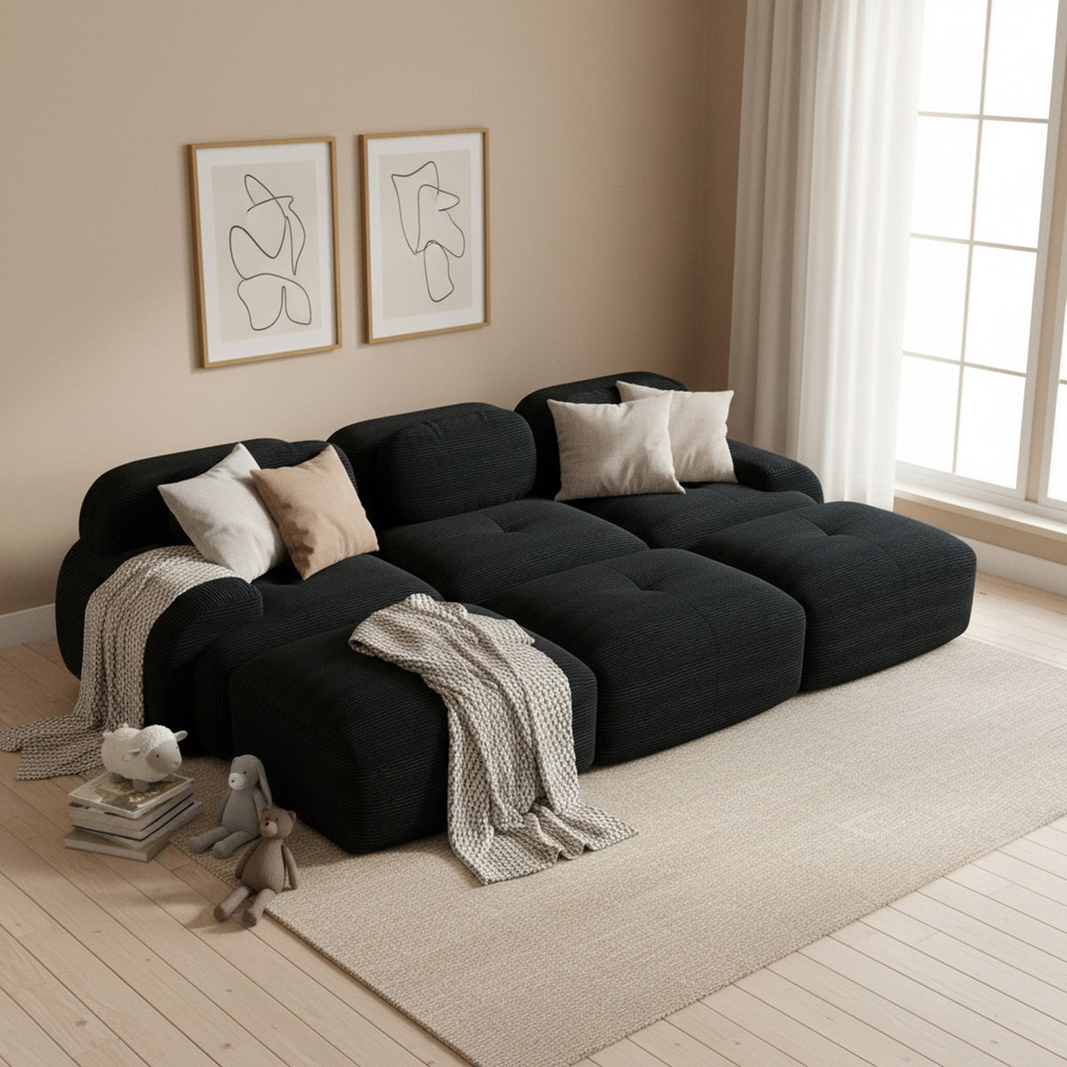 Ensemble de canapés avec accoudoirs incurvés et base antidérapante en tissu velours côtelé doux pour le salon, noir, siège 3 + tabouret 3
