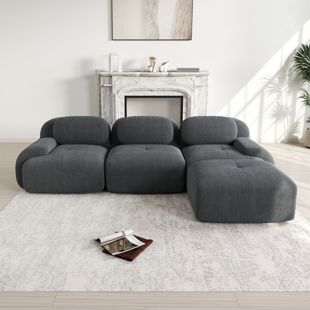 Ensemble de canapés avec accoudoirs incurvés et base antidérapante en tissu velours côtelé doux pour le salon, gris, siège 3 + tabouret 1