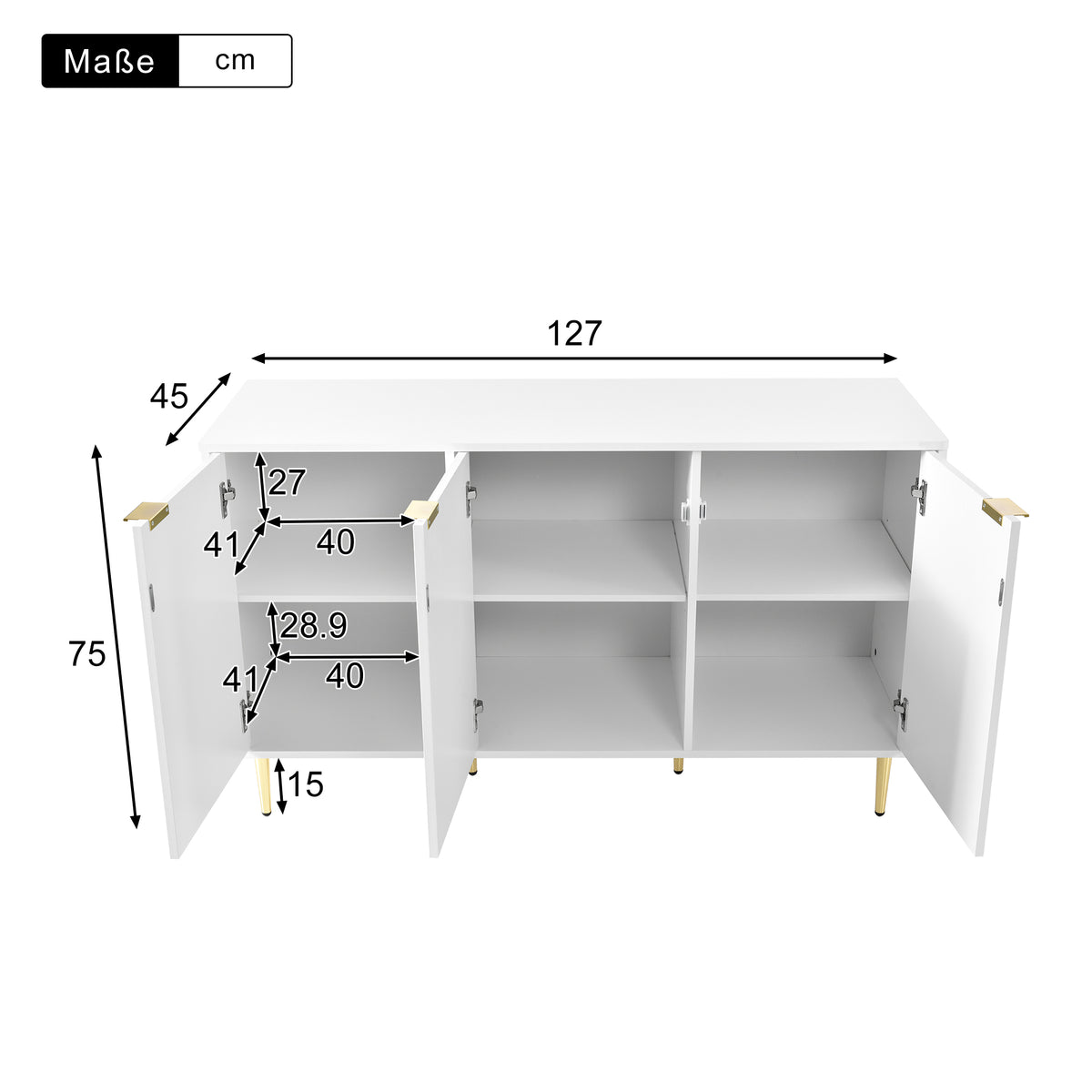 Sideboard moderne à motifs de fleurs 127×45×75cm Commode blanche avec pieds et poignées dorées 2 étagères 6 compartiments pour salon chambre à coucher et salle de bains