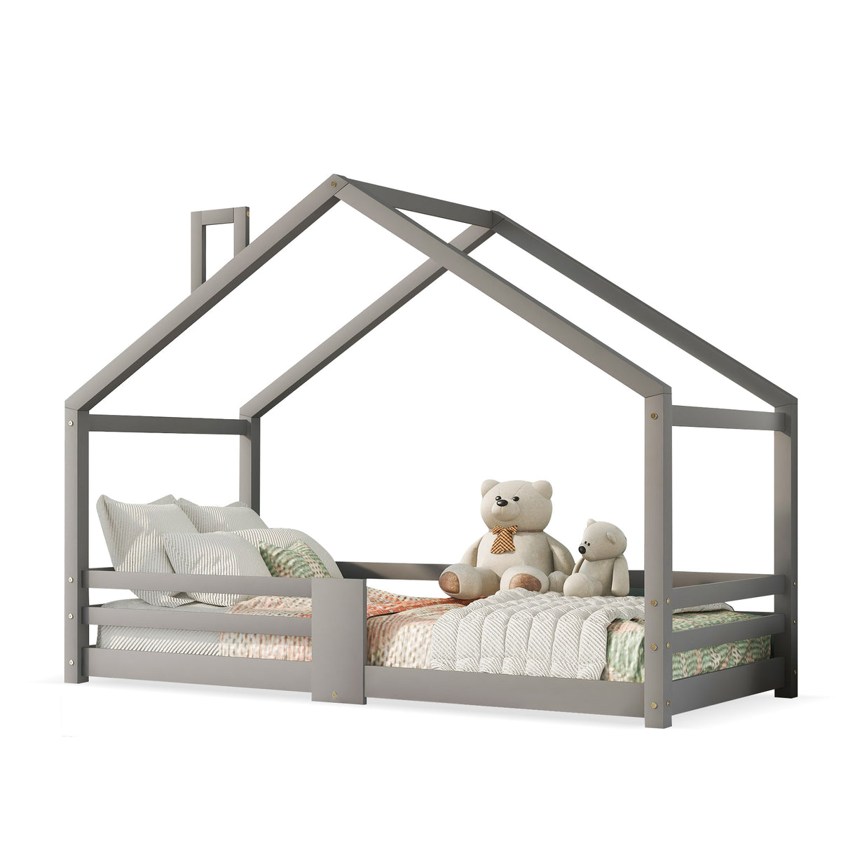 Lit cabane enfant 90x200 cm bois massif gris avec barrière anti-chute et sommier à lattes