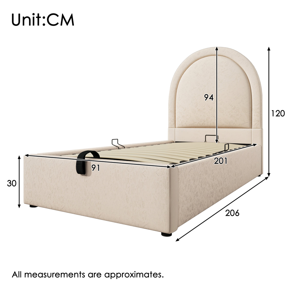 Lit enfant 90×200 cm rembourré (sans matelas) en PU beige avec tête de lit arquée