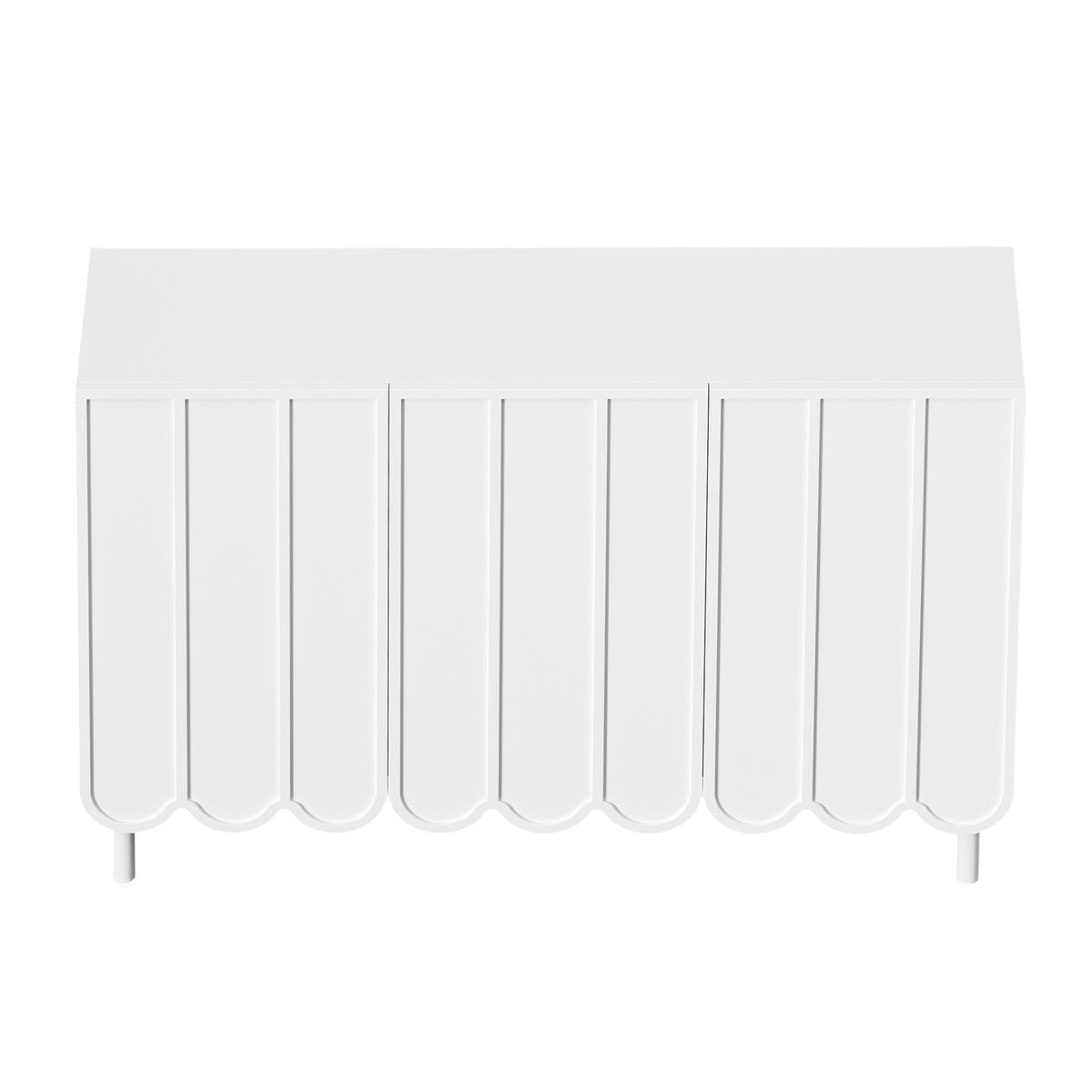 Sideboard moderne blanc 120x35x80 cm avec portes ondulées, grifflos et rayons réglables, idéal pour salon flur et salle à manger