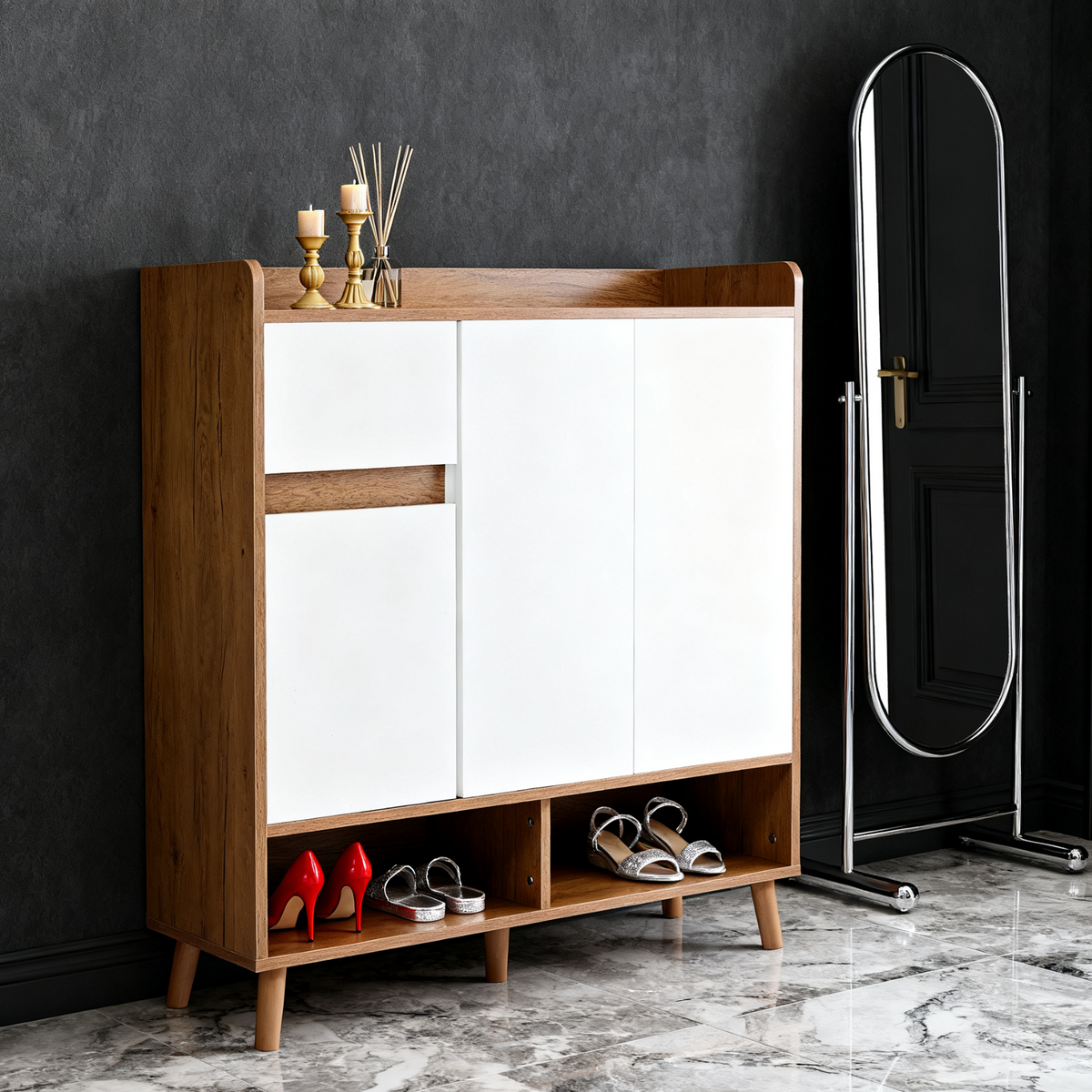 Commode / buffet / meuble à chaussures blanc et bois 90x35x99 cm avec étagères réglables et pieds en bois massif