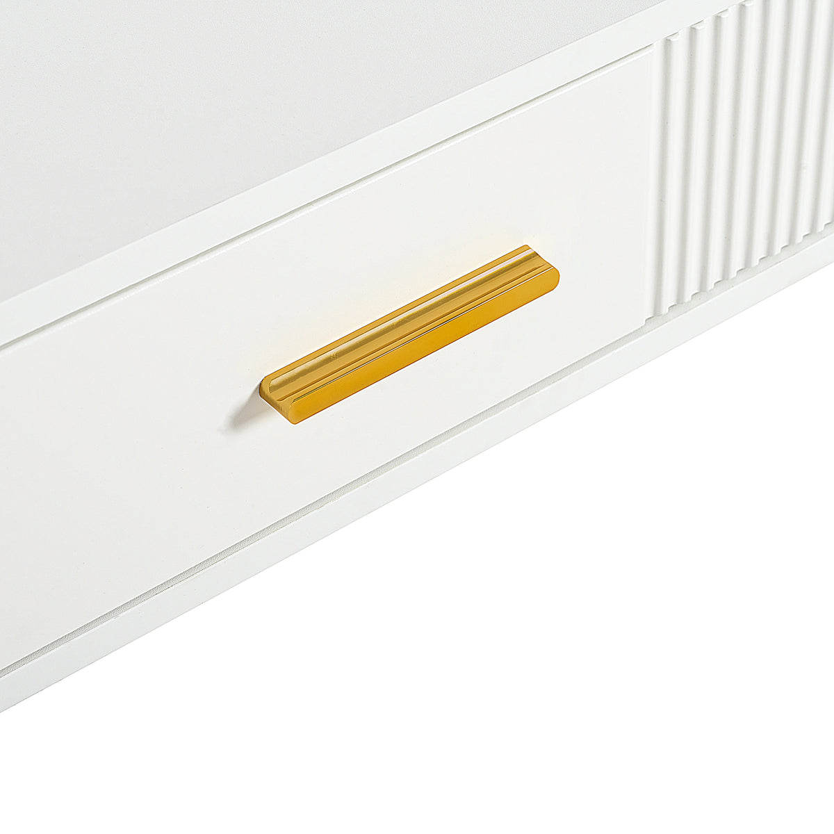 Weißer Schminktisch oder Schreibtisch in modernem Design mit 2 geräumigen Schubladen und goldenen Metallbeinen, 100x40x76 cm.