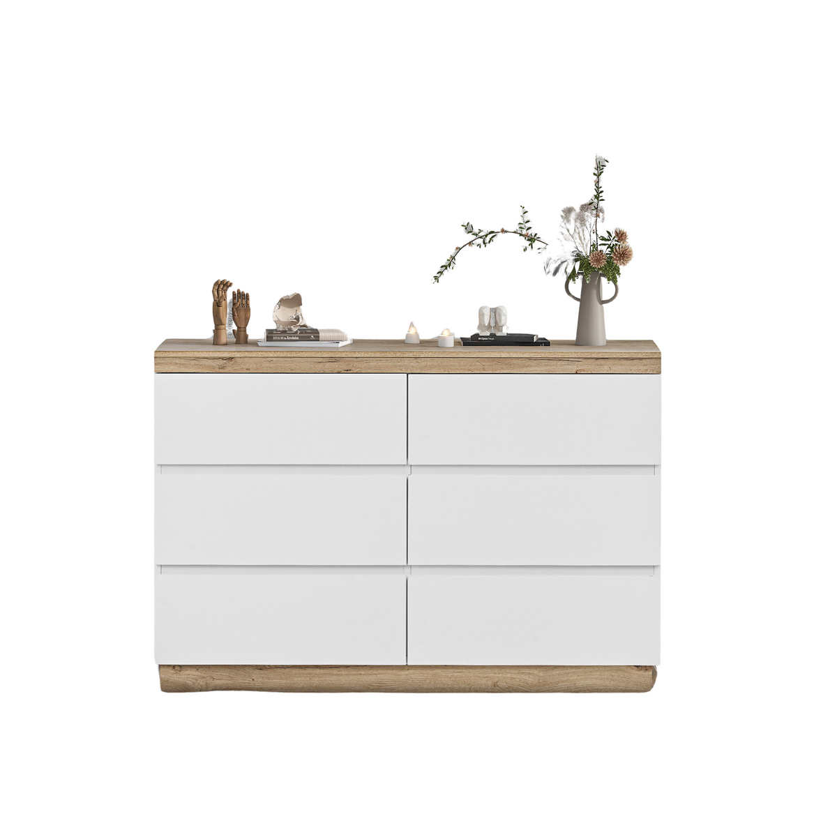 Commode blanche et chêne en panneau de particules E1 avec 6 tiroirs spacieux