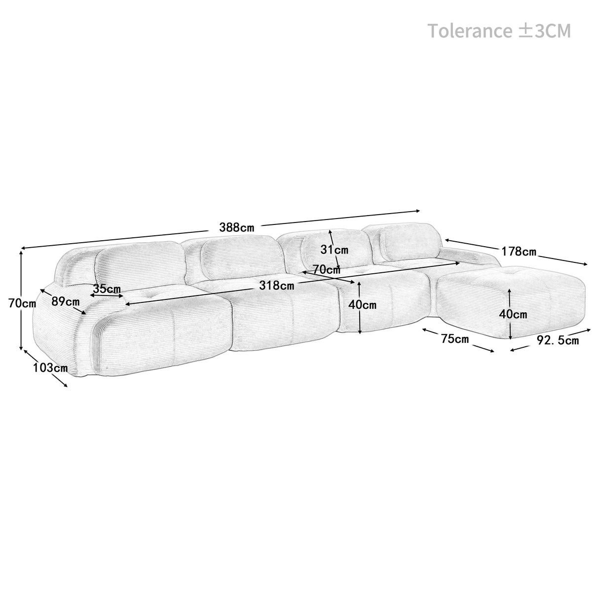 Ensemble de canapés avec accoudoirs incurvés et base antidérapante en tissu velours côtelé doux pour le salon, beige,siège4+tabouret1