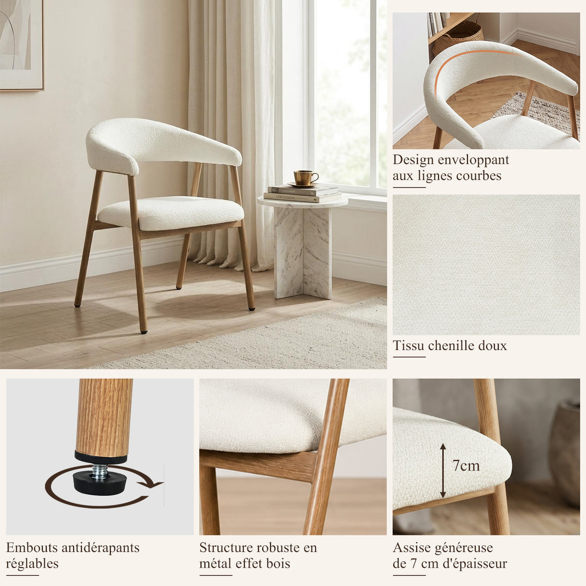 Lot de 6 fauteuils de salle à manger scandinaves avec accoudoirs en tissu beige- BONNIE