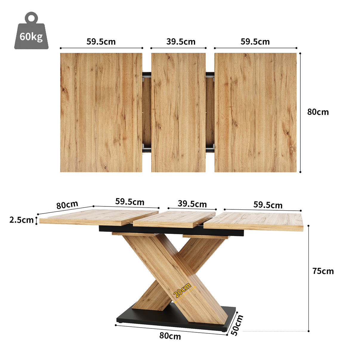 Table à manger télescopique extensible aspect bois avec pieds en croix