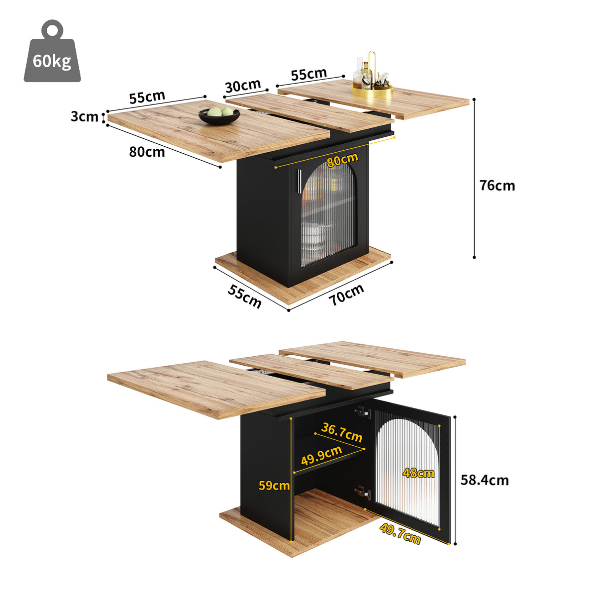 Table à manger télescopique extensible 140×80cm 3 niveaux de rangement bois naturel + noir pour cuisine et salon
