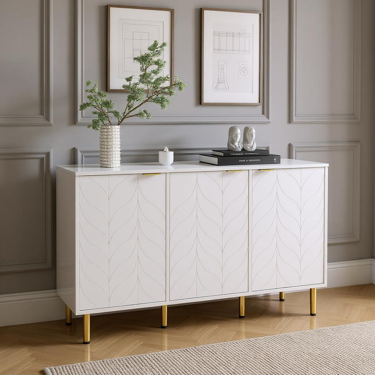 Sideboard moderne à motifs de fleurs 127×45×75cm Commode blanche avec pieds et poignées dorées 2 étagères 6 compartiments pour salon chambre à coucher et salle de bains