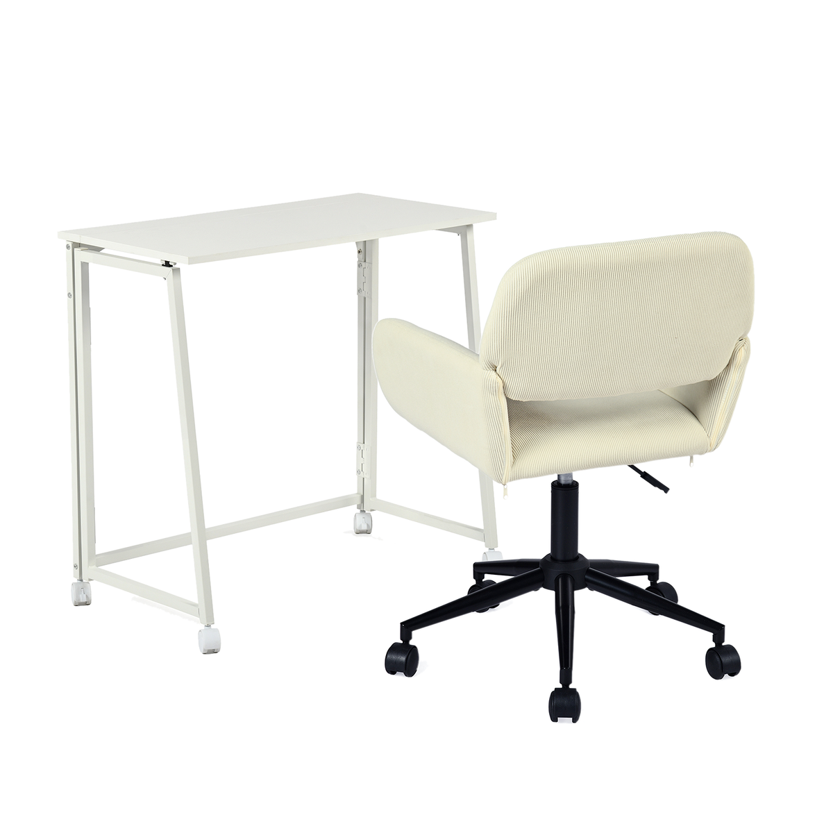 Ensemble avec bureau pliable blanc à roulettes et fauteuil en velours côtelé beige - ASCOLI & ROSS