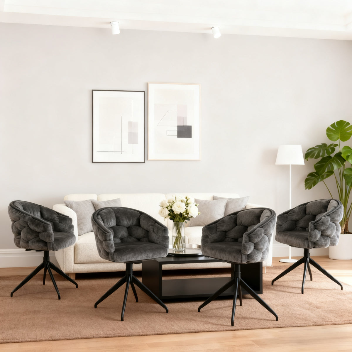 Lot de 6 Gris chaises de luxe en velours 360° pivotantes Chaises ergonomiques modernes à dossier pour salon salle à manger et dressing