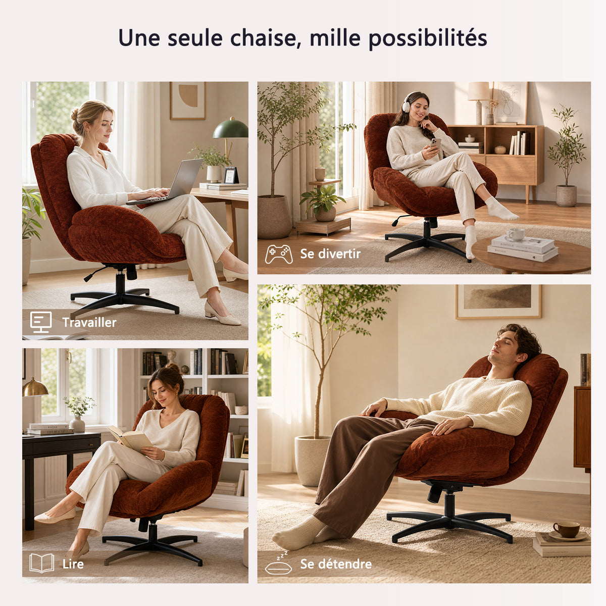 Chaise de bureau pivotante en tissu chenille terracotta – LITHOPS FIX