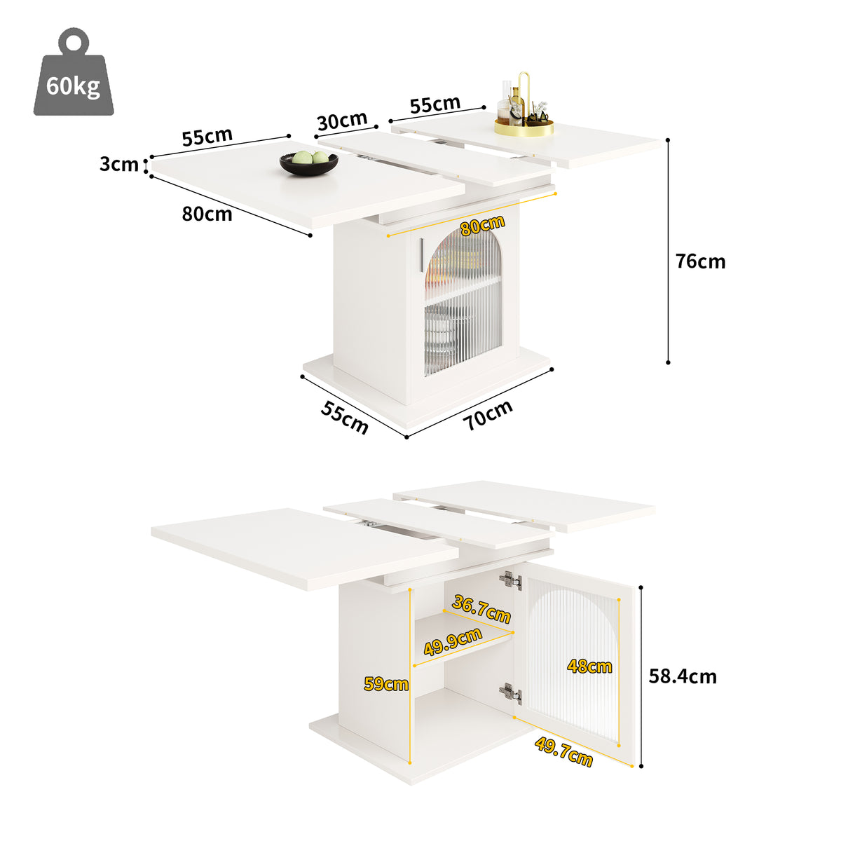 Table à manger télescopique extensible 140×80cm 3 niveaux de rangement portes en verre irisé blanche pour cuisine et salon