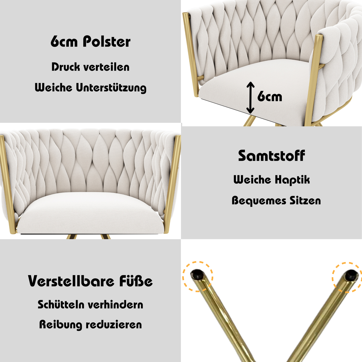 Lot de 4 chaises pivotantes de salle à manger en velours beige avec pieds en métal doré