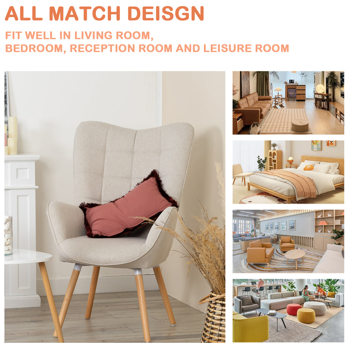 Fauteuil scandinave avec accoudoirs en tissu beige à surpiqûres - FUNKEL