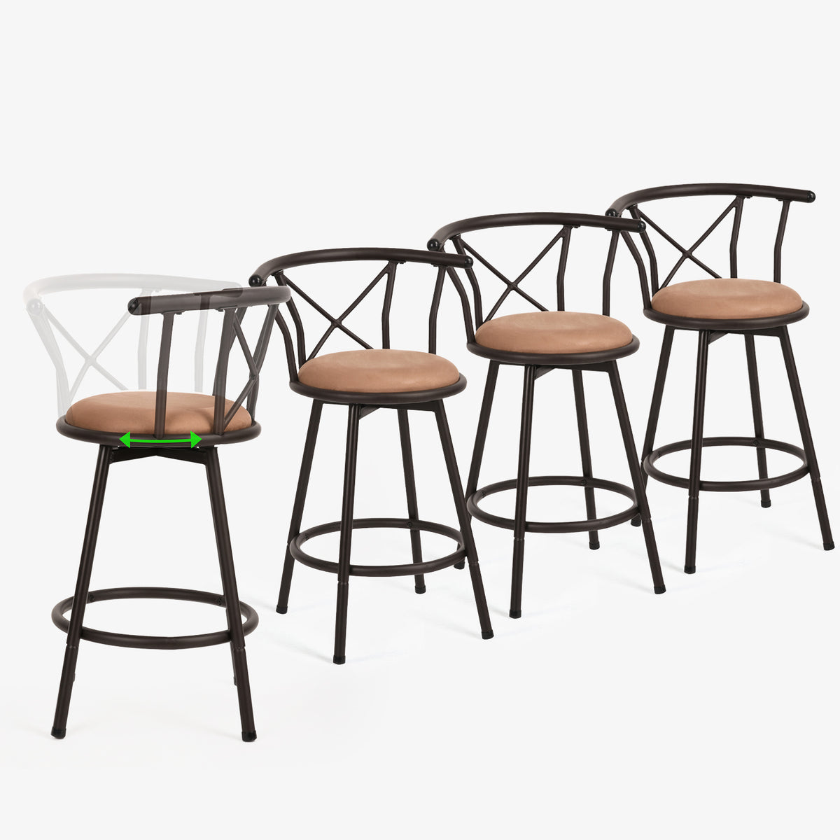 Lot de 4 tabourets de bar industriels pivotants avec dossier en tissu marron - HAILEY 24