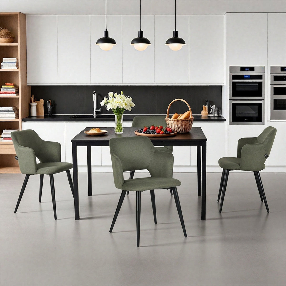 Ensemble table à manger extensible noire et 4 fauteuils en tissu vert de style scandinave