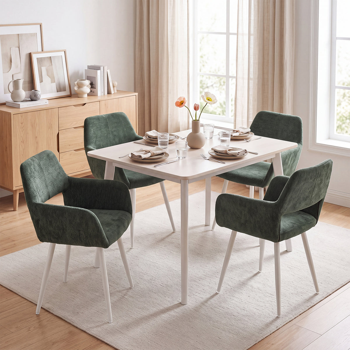 Lot de 4 fauteuils de salle à manger scandinaves avec accoudoirs en chenille vert- CROMWELL