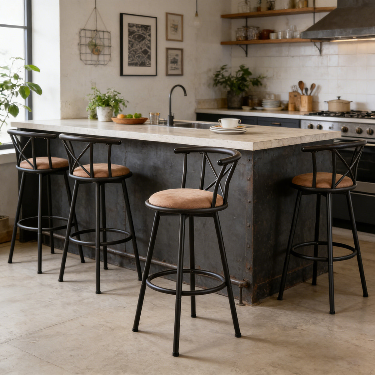 Set von 4 drehenden Industriestangenhocker mit brauner Stoffdatei - Hailey 29