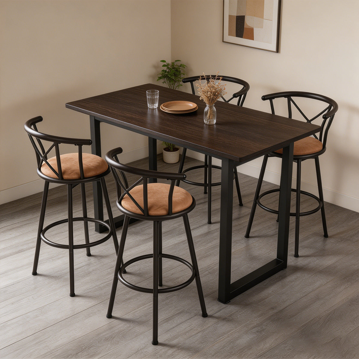 Set von 4 drehenden Industriestangenhocker mit brauner Stoffdatei - Hailey 29