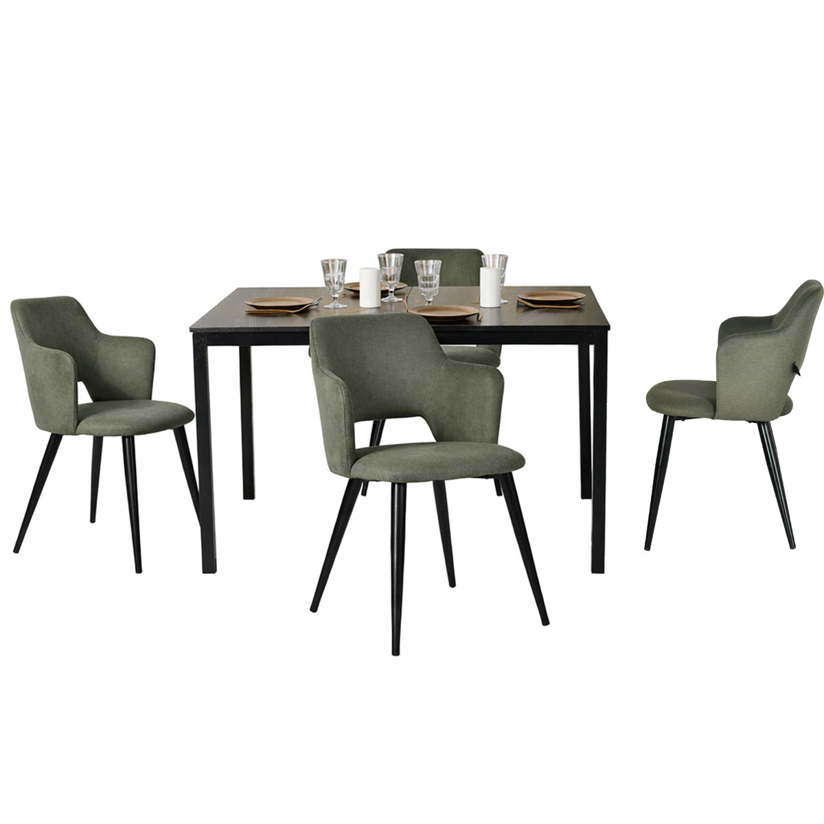 Ensemble table à manger extensible noire et 4 fauteuils en tissu vert de style scandinave