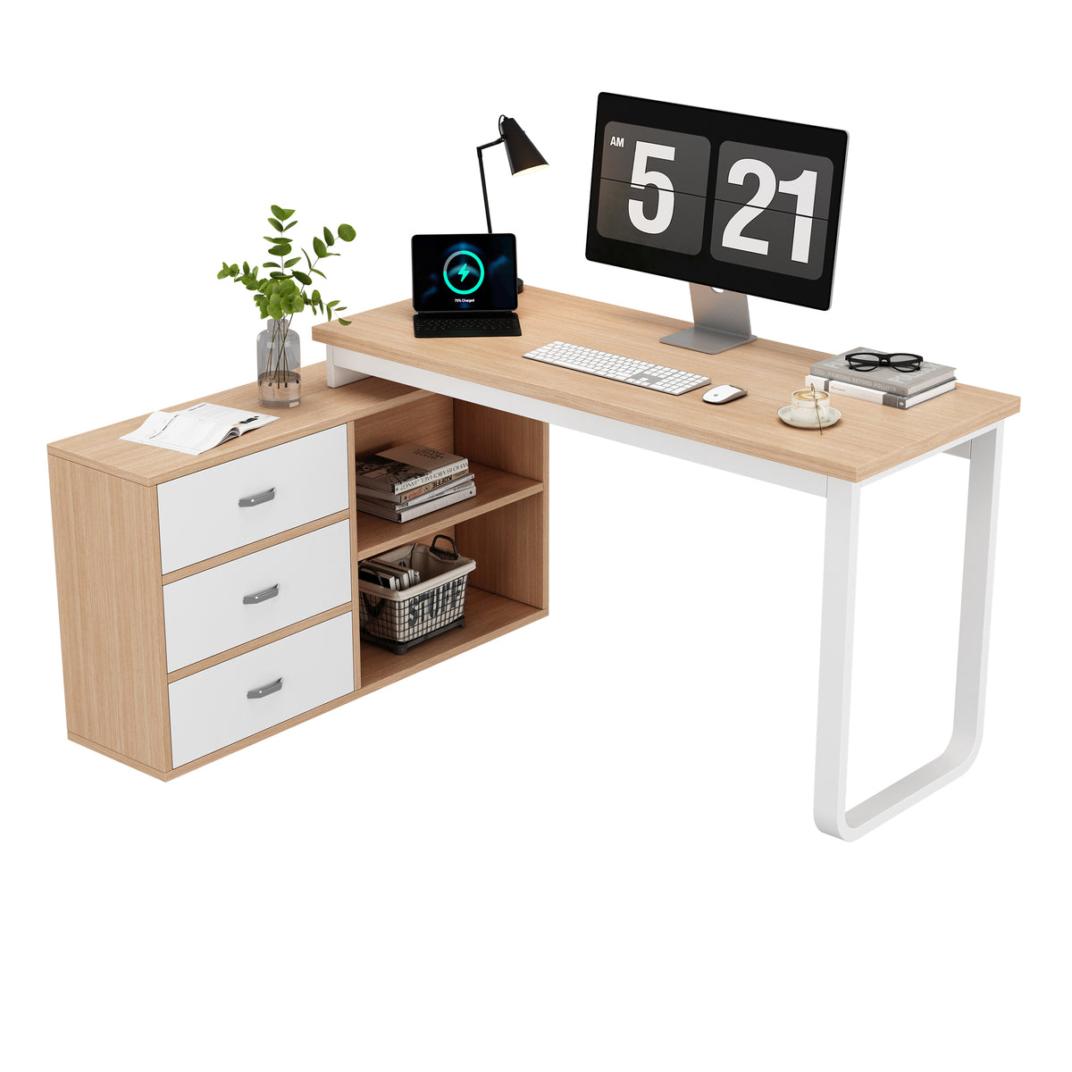 Schlichter Schreibtisch aus Naturholz mit 3 Schubladen und 2 offenen Nischen – 147×100×75,3 cm
