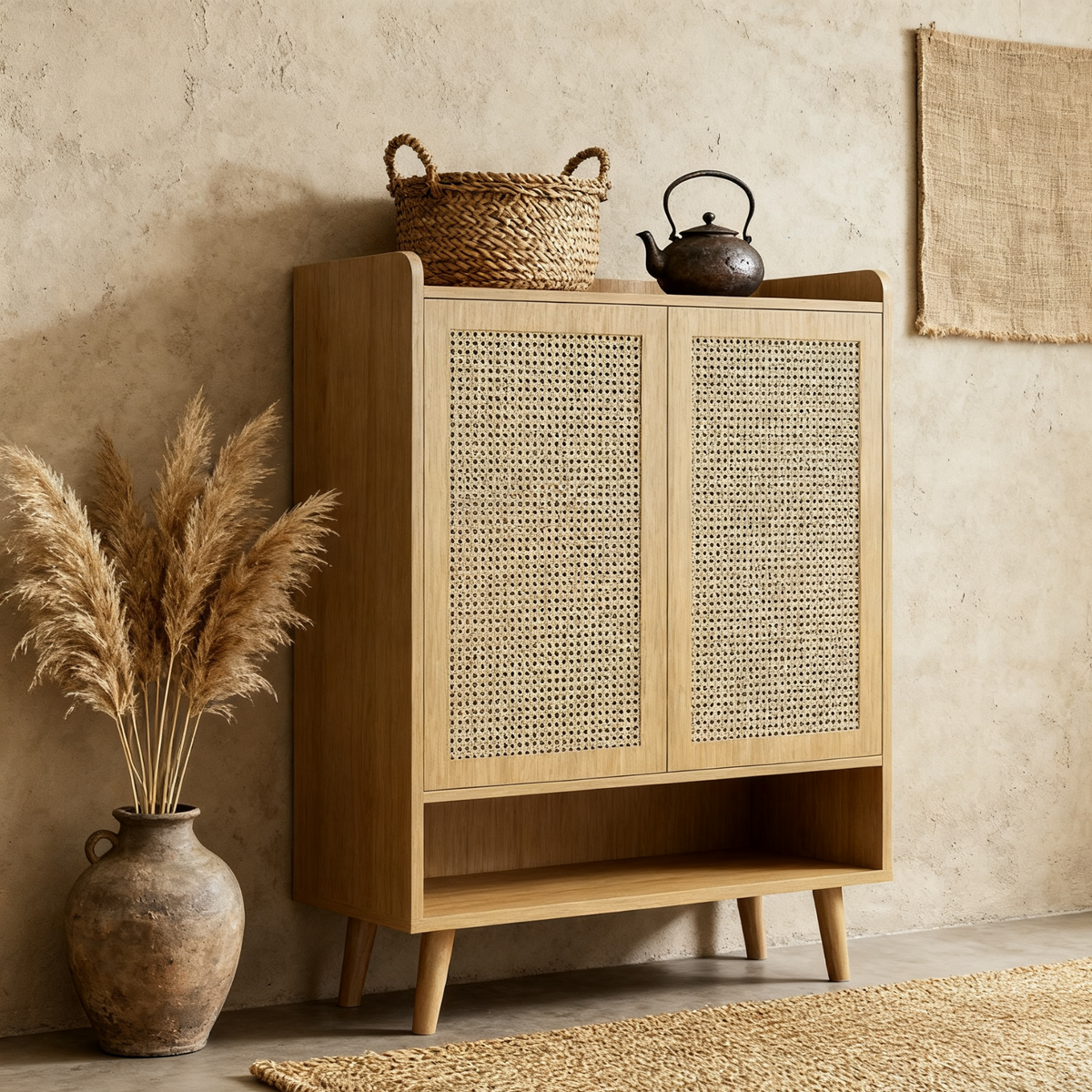 Meuble à chaussures en rotin naturel 80x35x105 cm avec 2 portes, 5 étagères fixes, poignées et pieds en bois massif, idéal pour entrée et couloir
