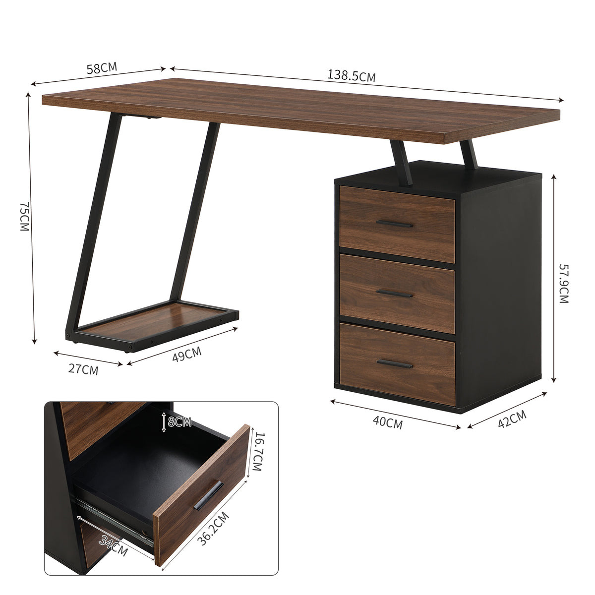 Bureau industriel en bois avec 3 tiroirs et rangements
