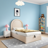 Lit enfant 90×200 cm rembourré (sans matelas) en PU beige avec tête de lit arquée