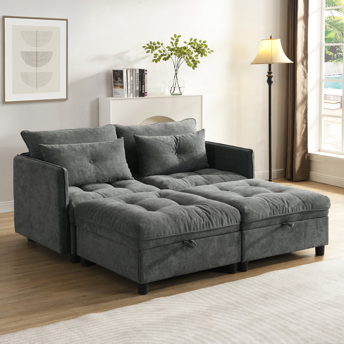 Ensemble de canapés modulables et séparables 4 places avec rangement, revêtu de chenille, gris