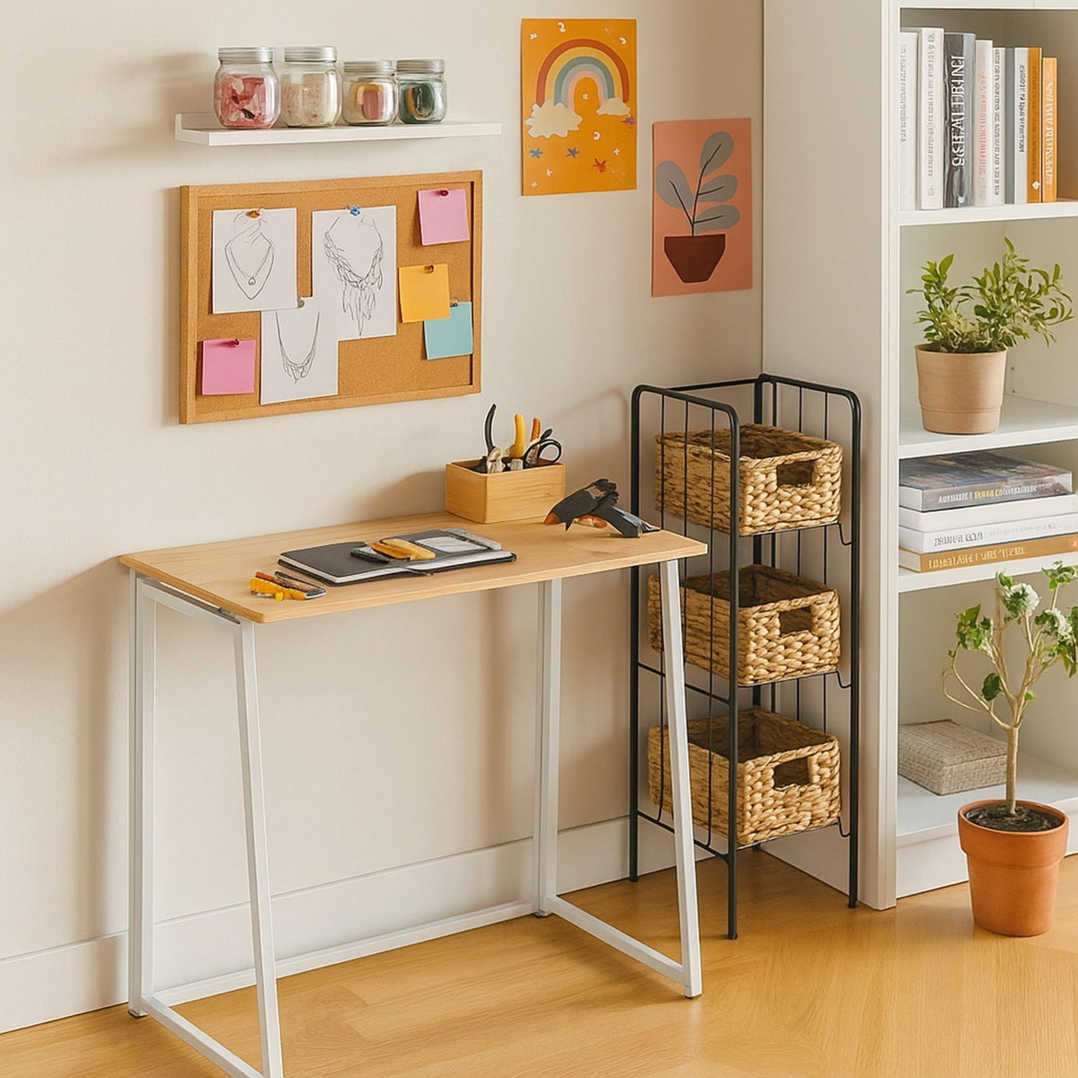 Bureau/table d'ordinateur industriel pliant en bois de chêne et en métal blanc - ASCOLI