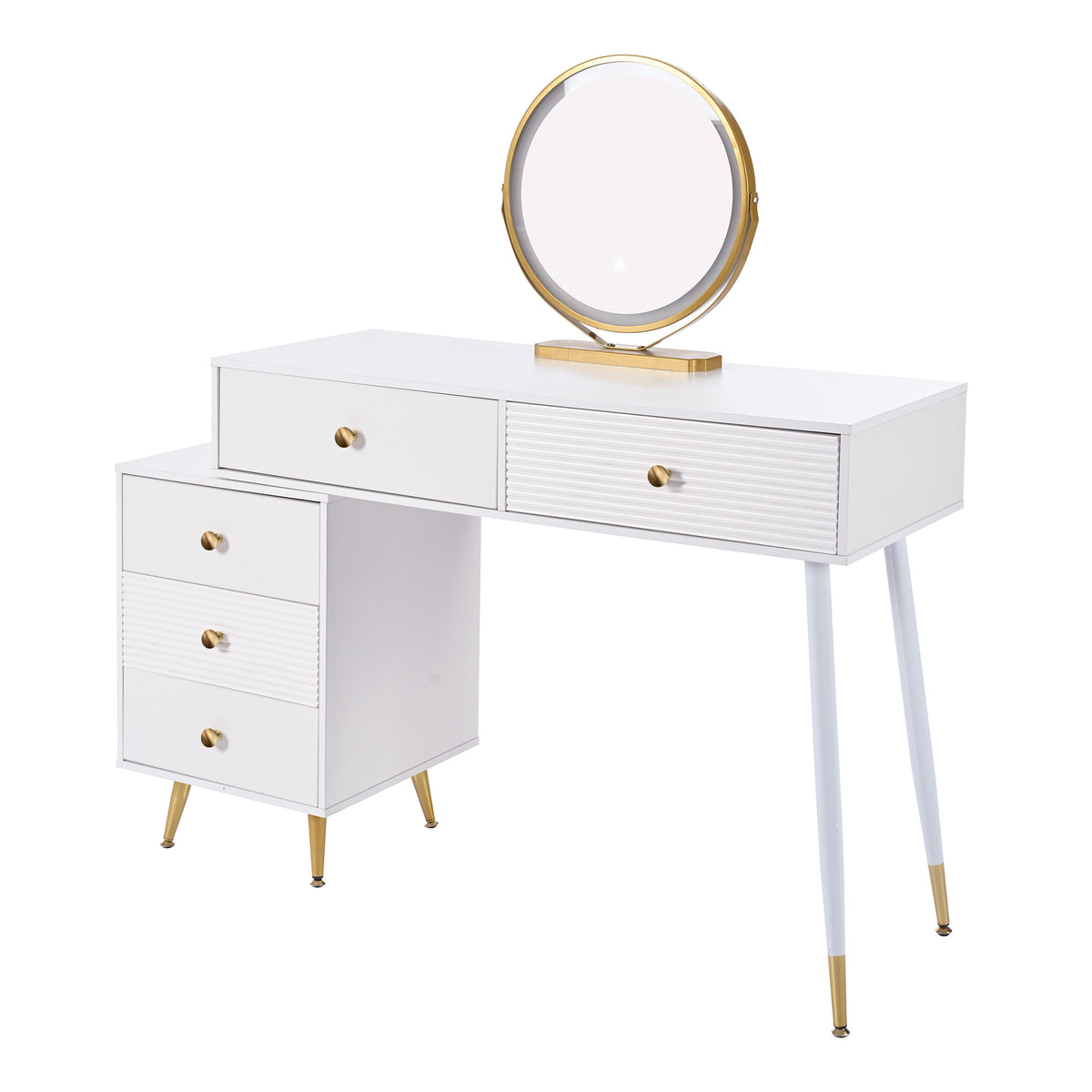 White 4-in-1 dressing table with whole mirror and rotary table mirror, padded stool, integrated storage and 3-color LED lighting, 109x36x164 cm