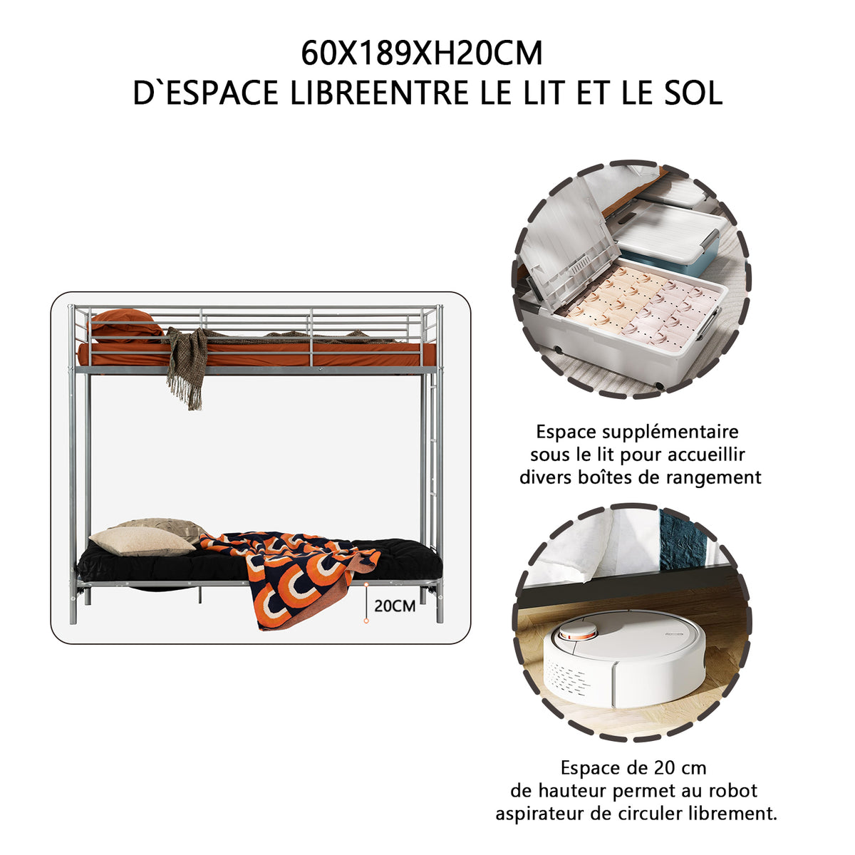 90 x 190 cm großes Etagenbett-Set mit umwandelbarer Bank aus silbernem Metall und faltbarer 2-Sitzer-Futonmatratze – LIBERTY N MICA