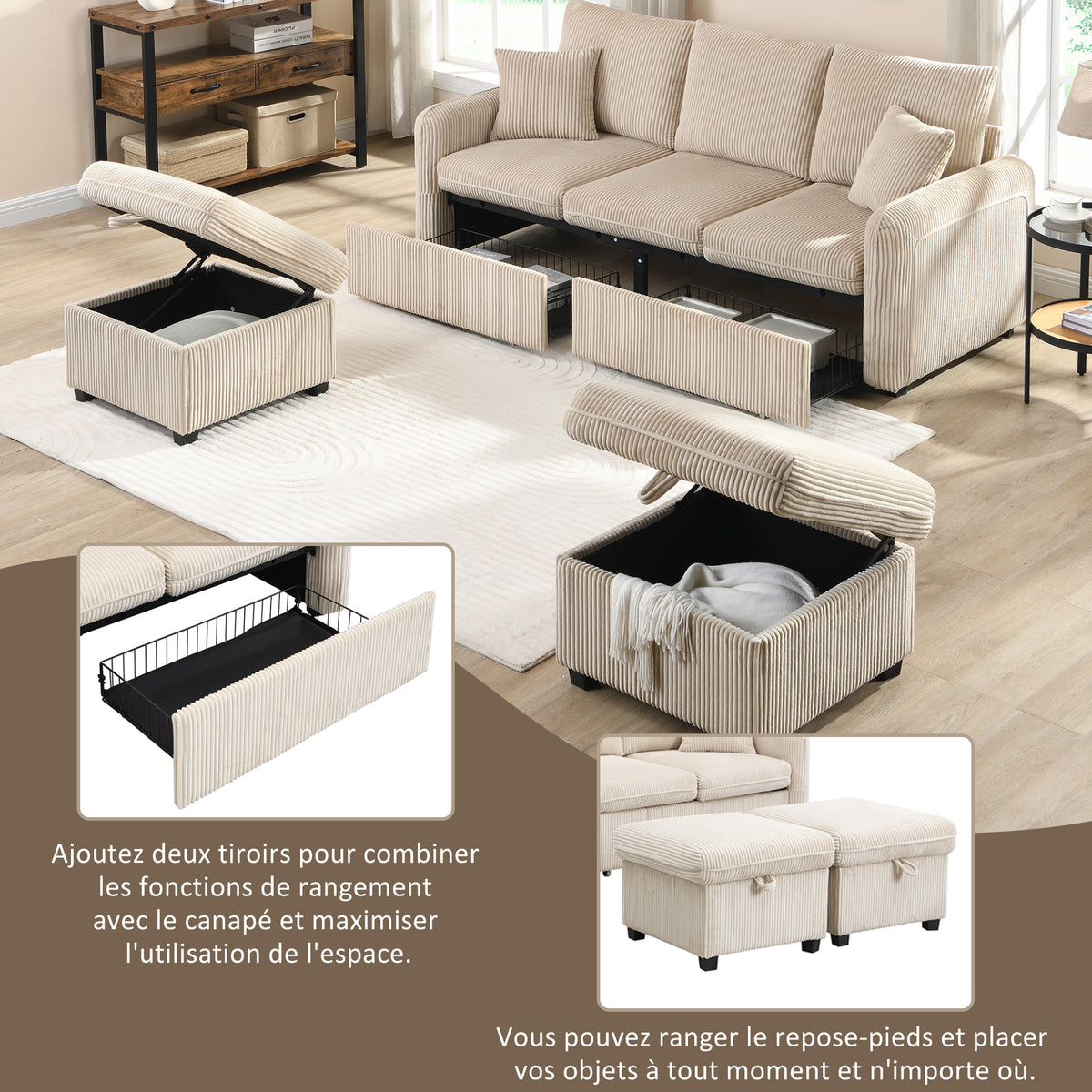 Canapé d'angle beige en forme de U 3 places avec rangement, canapé modulaire multifonction en velours côtelé