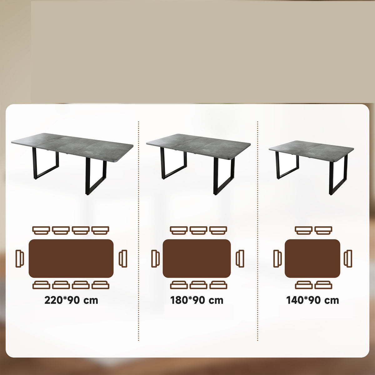 Table à manger gris extensible à trois rallonges avec pieds métalliques