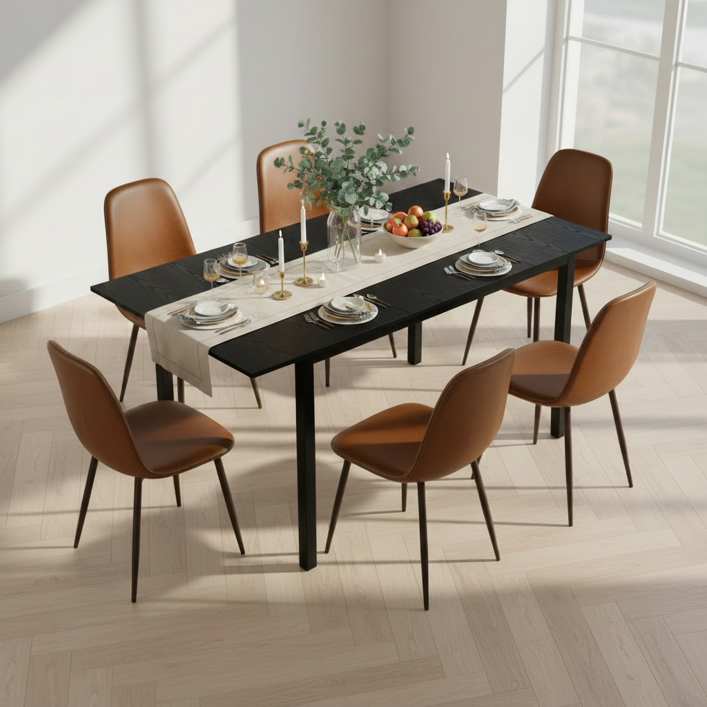 Ensemble table à manger extensible noire avec 6 chaises de salle à manger en PU, style scandinave