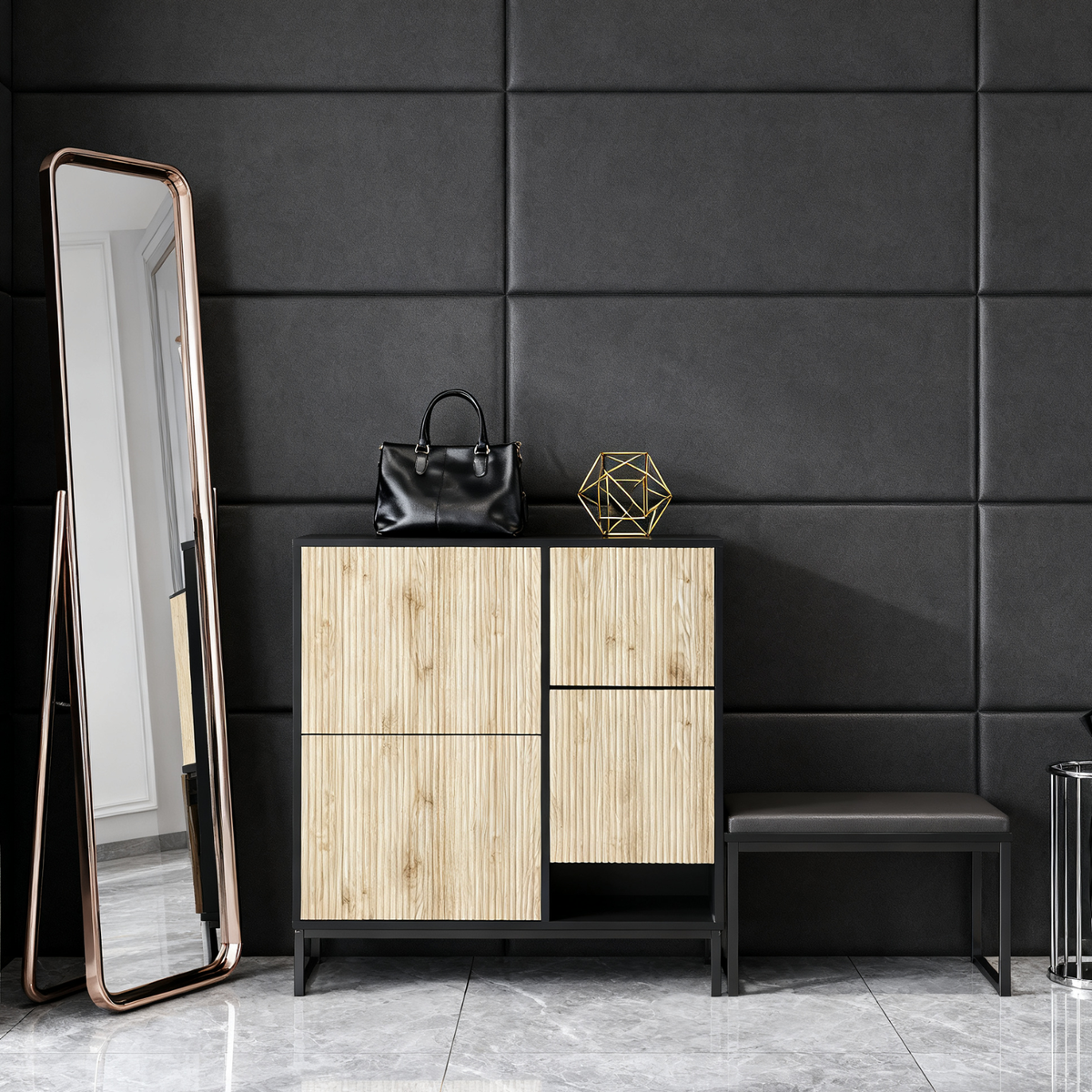 Meuble à chaussures avec banc intégré 100x25x100 cm en MDF noir et bois naturel, 3 abattants, étagères et assise escamotable, idéal pour entrée, couloir ou chambre