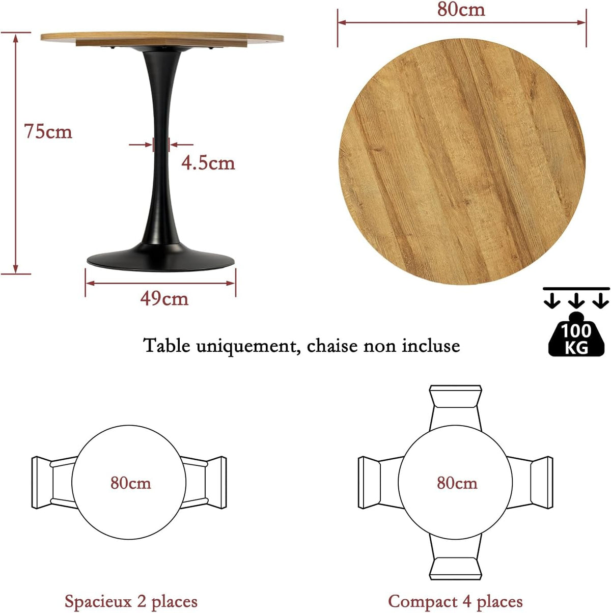 Vintage round dining table 2-4 people in oak and black metal - Clift