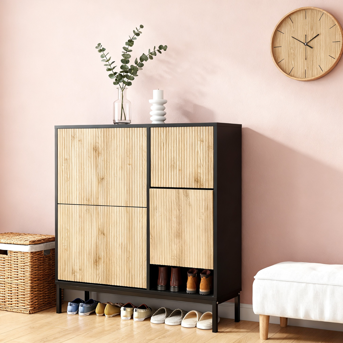 Meuble à chaussures avec banc intégré 100x25x100 cm en MDF noir et bois naturel, 3 abattants, étagères et assise escamotable, idéal pour entrée, couloir ou chambre