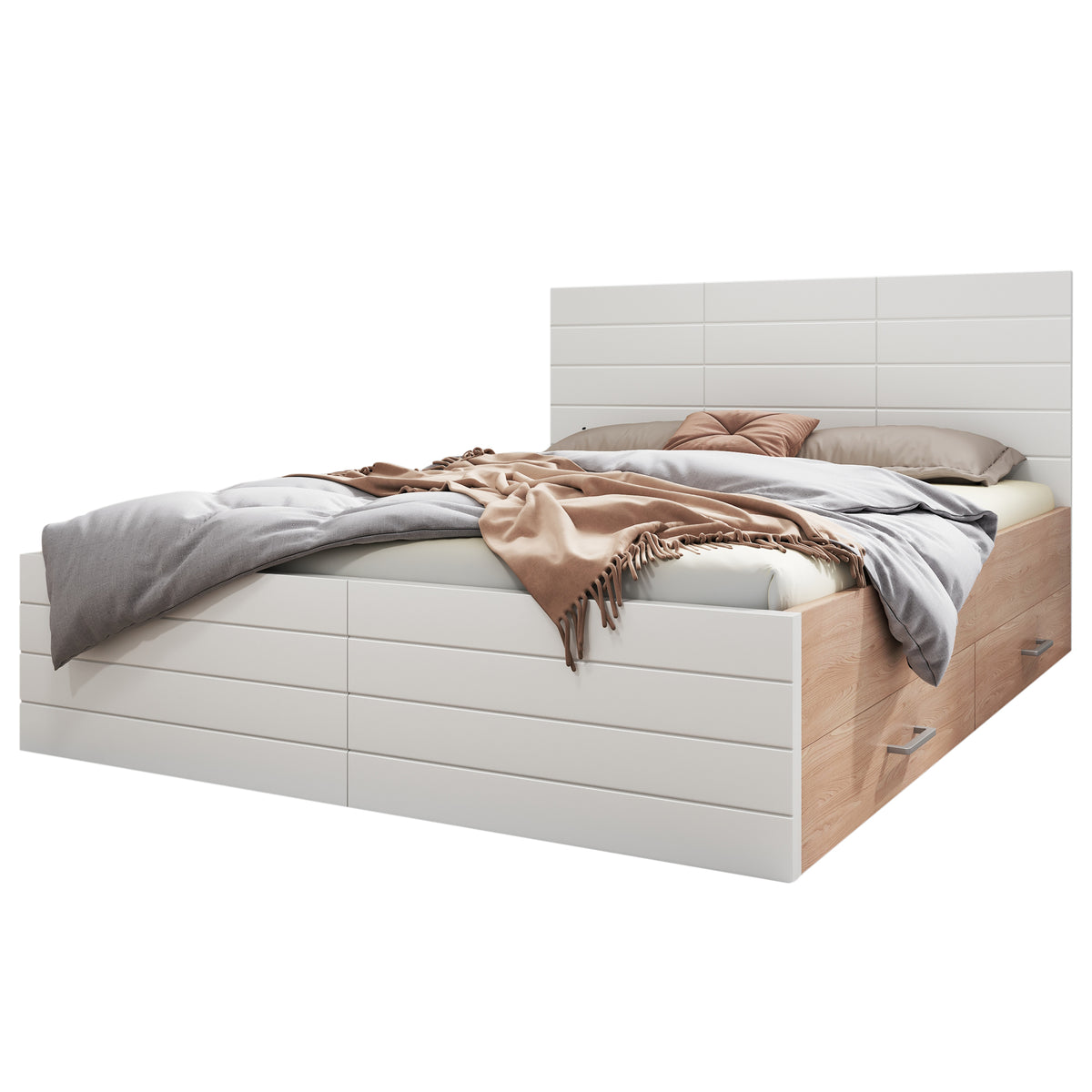 Lit double 140x200 cm en bois avec sommier à lattes et 2 tiroirs de rangement (sans matelas)