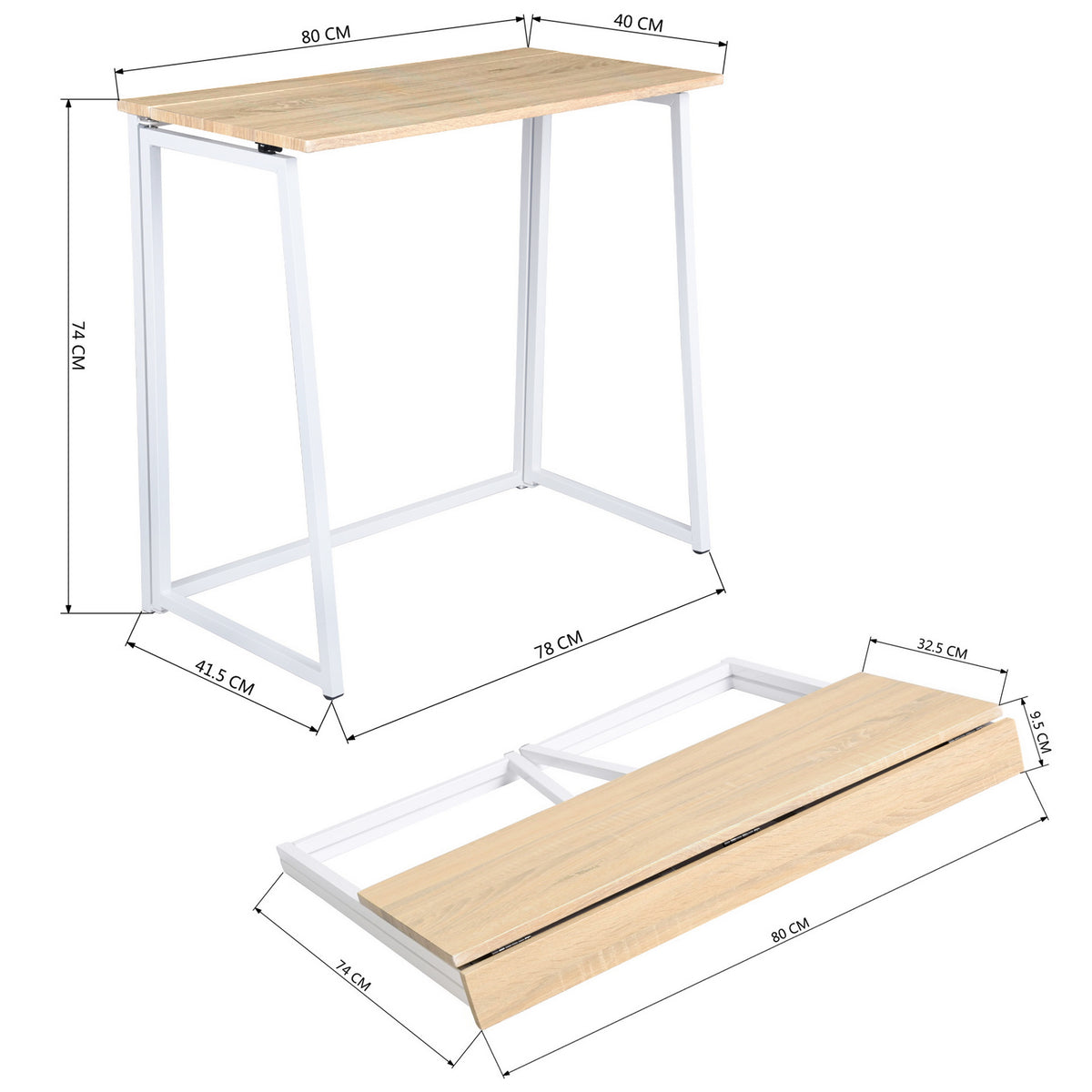 Bureau/table d'ordinateur industriel pliant en bois de chêne et en métal blanc - ASCOLI