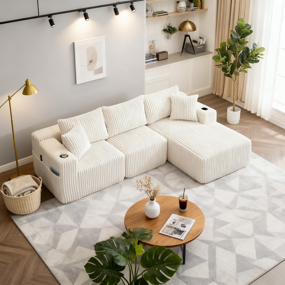 Ensemble canapé avec coussins, poches latérales et porte-gobelets en velours côtelé doux pour salon, blanc