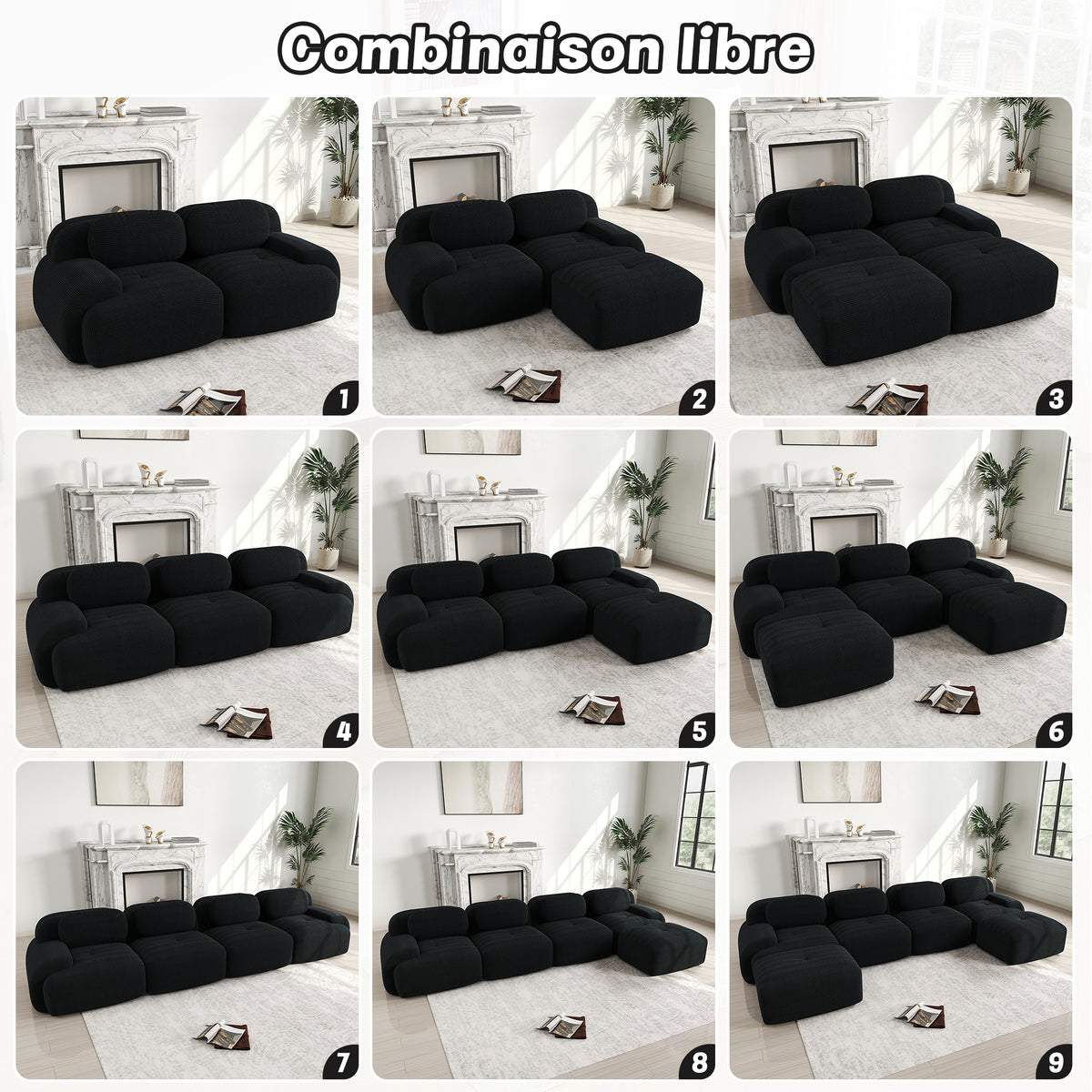 Ensemble de canapés avec accoudoirs incurvés et base antidérapante en tissu velours côtelé doux pour le salon, noir, siège 2