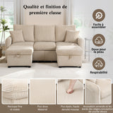 Canapé d'angle beige en forme de U 3 places avec rangement, canapé modulaire multifonction en velours côtelé