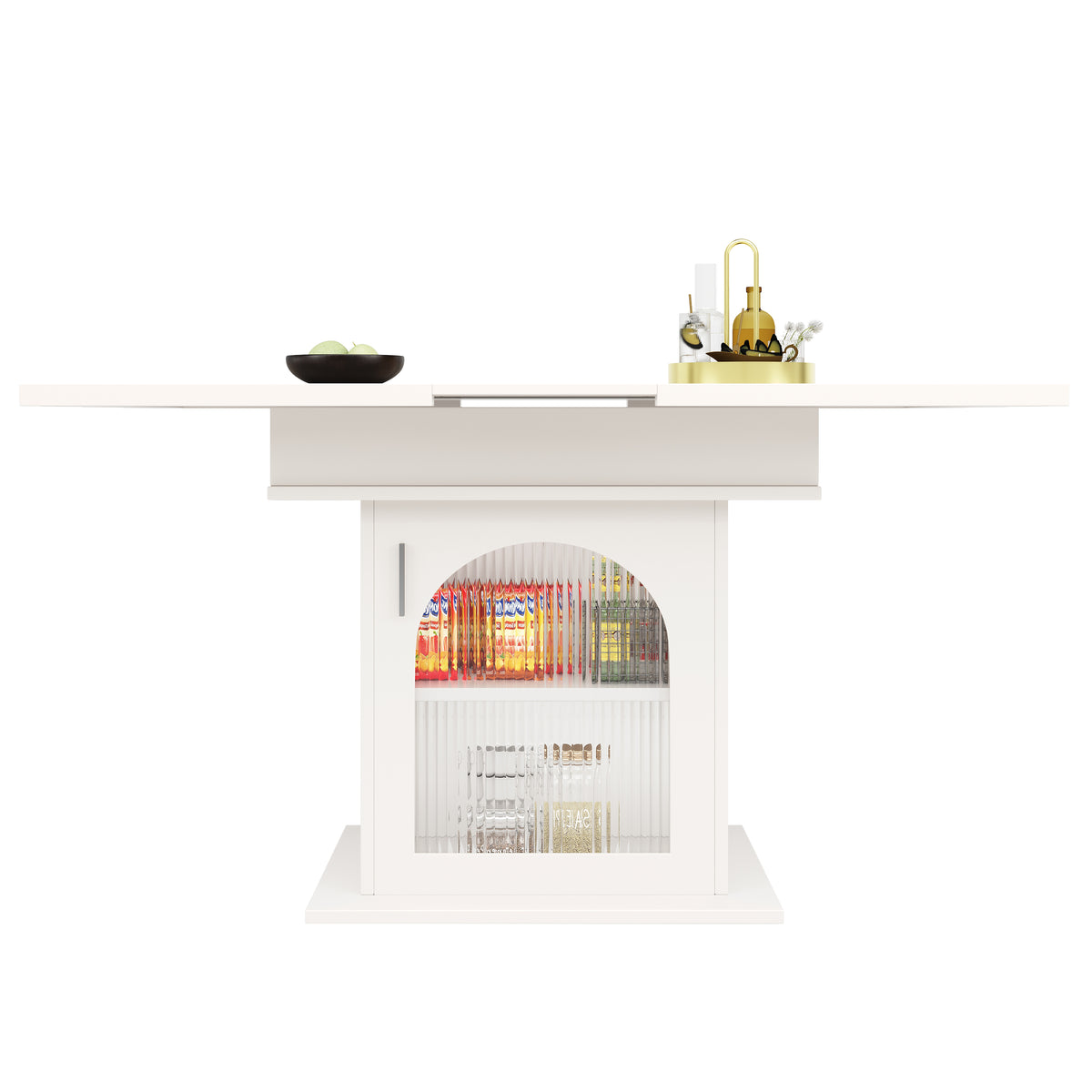 Table à manger télescopique extensible 140×80cm 3 niveaux de rangement portes en verre irisé blanche pour cuisine et salon