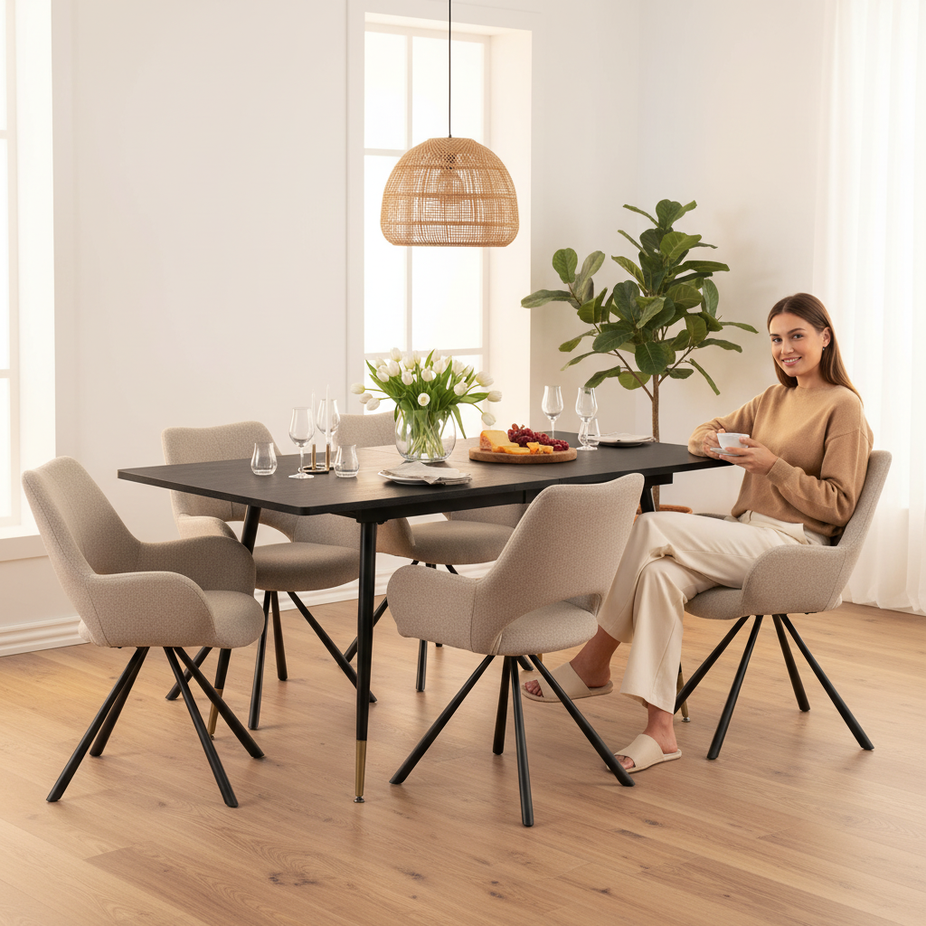 Round Table Table Table Table Timber Ø80 cm with 4 black velvet chairs, modern and comfortable style