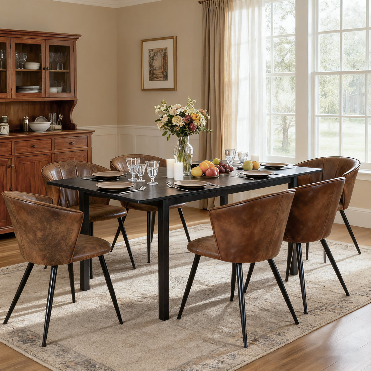 Ensemble table à manger extensible noire avec 6 fauteuils en suédine, style scandinave