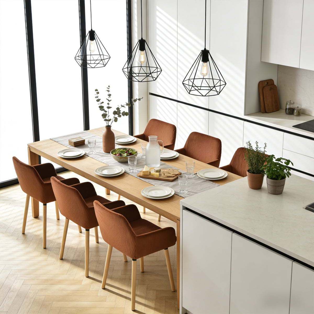 Lot de 6 chaises de salle à manger de style scandinave avec pieds en bois et accoudoirs en velours côtelé rouge - ELIA